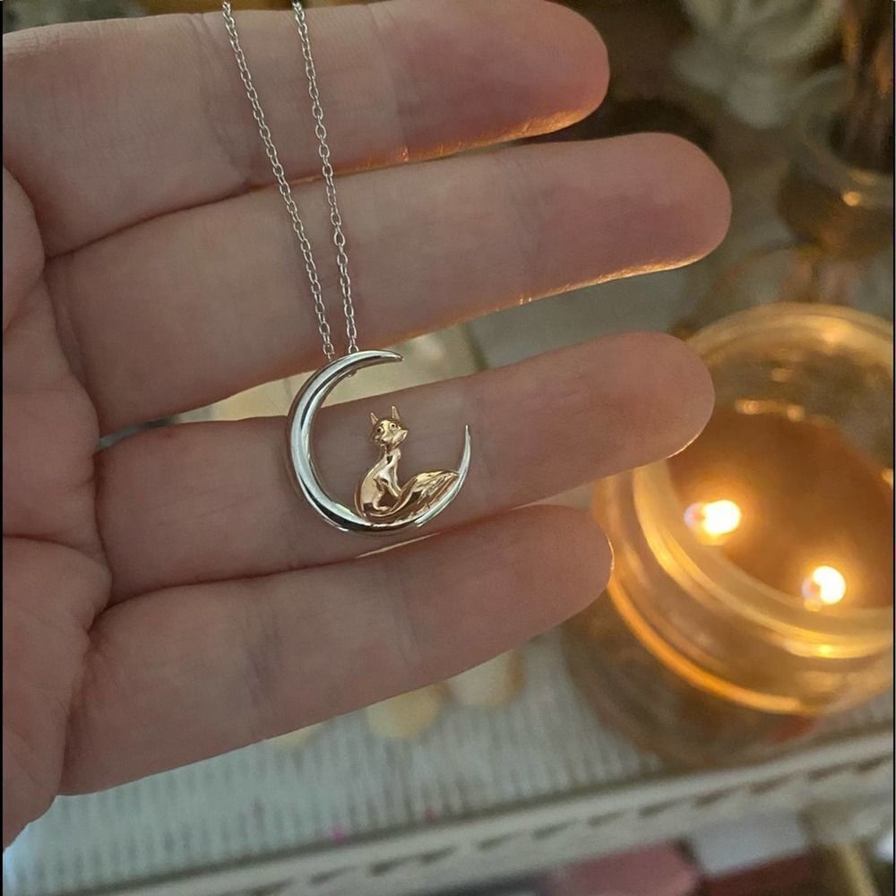 Fox and Crescent Moon Sterling Silver and Rose Gold Necklace